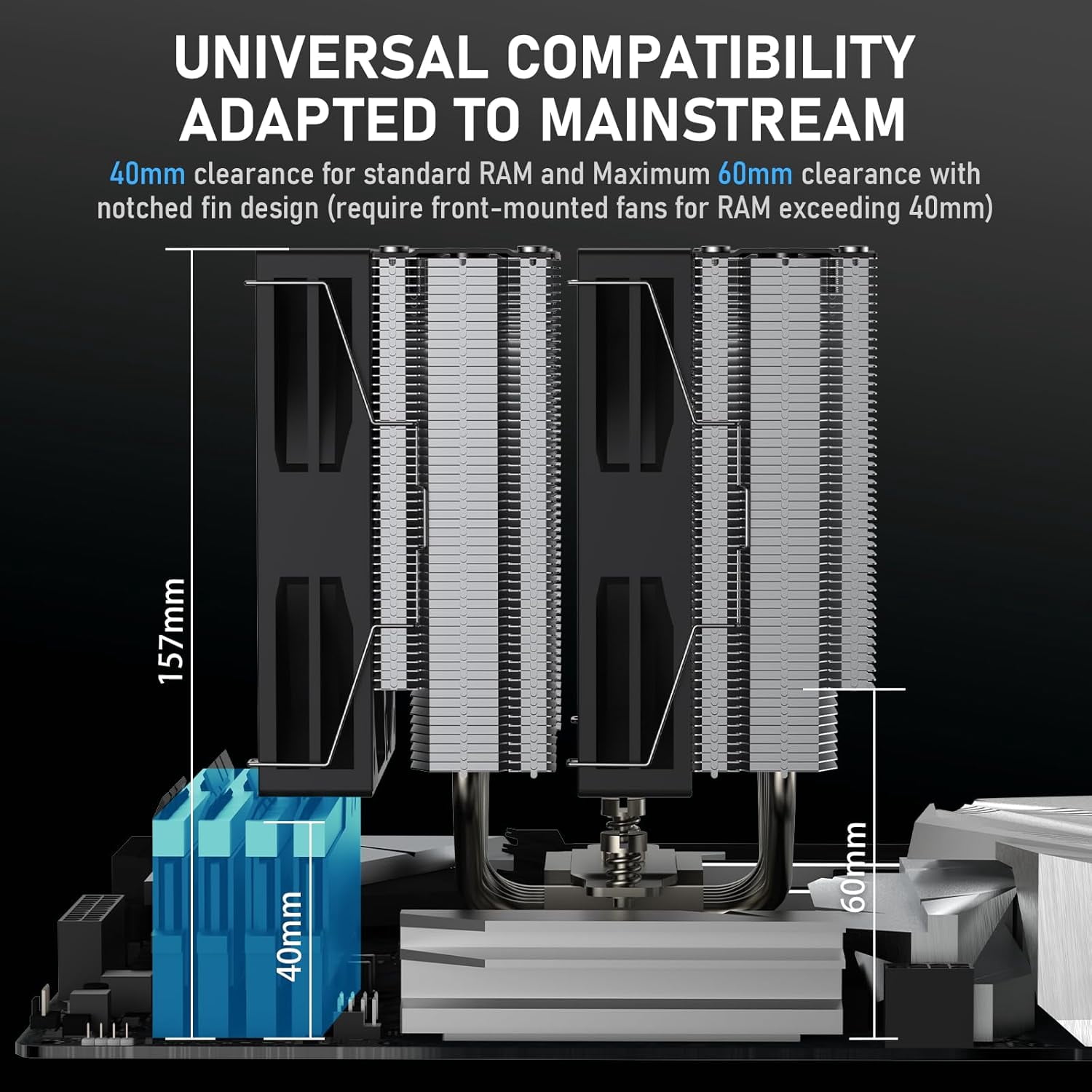CPU Cooler, Dual-Tower, 6×6mm Heat Pipes Cooling, Dual 120mm ARGB PWM Fans, 2000RPM Speed, for AMD AM4/AM5/; Intel LGA 115X/1200/1700/1851, PC 265W TDP
