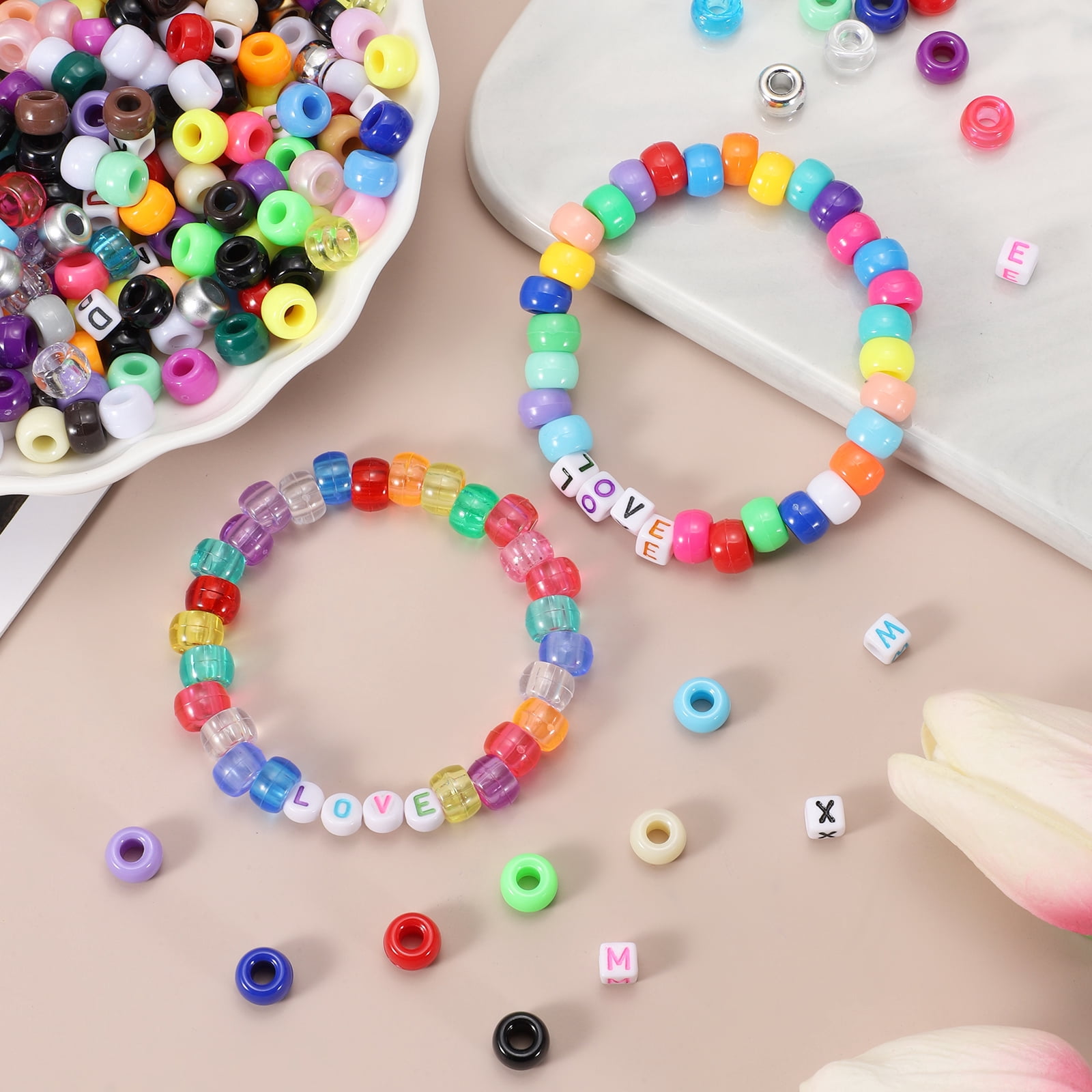 Uxcell 1000 Pcs Pony Beads 6 x 9 mm Acrylic Friendship Bracelet Making Kit with Letter Bead, Pink/Green/White