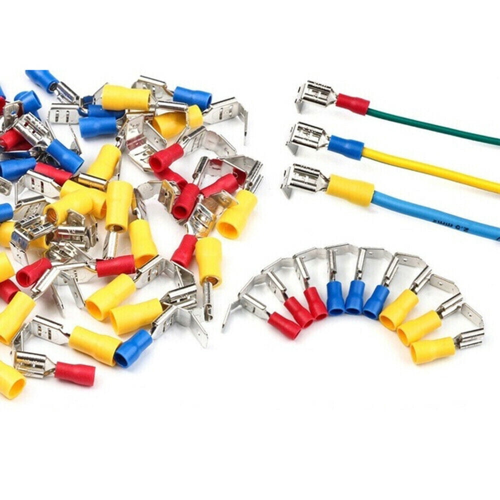 100Pcs 6.3mm Fully Insulated Crimp Spade Terminals Piggyback Wire Connectors Set