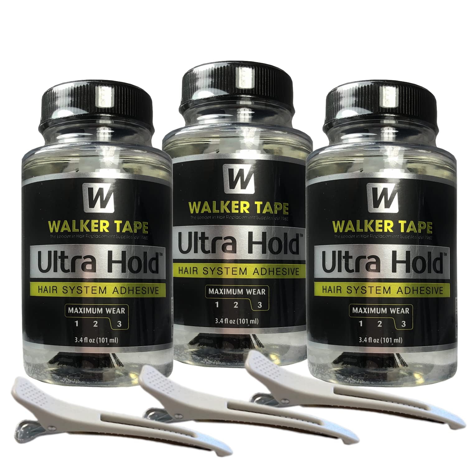 3pcs Ultra Hold Hair System Adhesive 3.4oz w/ 3pcs White Hair Clip