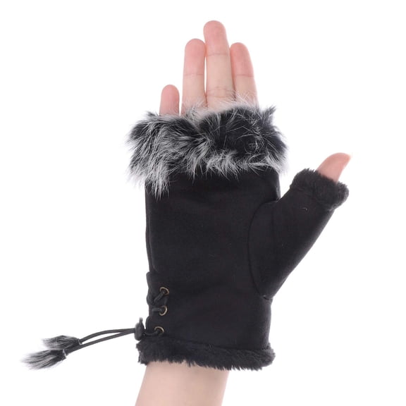 Suede Women Fingerless Gloves Faux Fur Warm Wrist Half Finger Driving Texting Winter Fuzzy Cold Weather Warmer Mitten