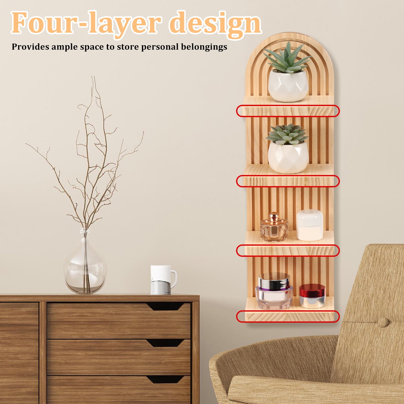 FKSZLL Boho Wall Shelf with Arched Wood Design Floating Shelf Mid-Century Rainbow Decor Wall Shelf for Home Bedroom Living Room Bathroom Office, 18.9 x 5.7 x 4.33 Inch, 4 Tier