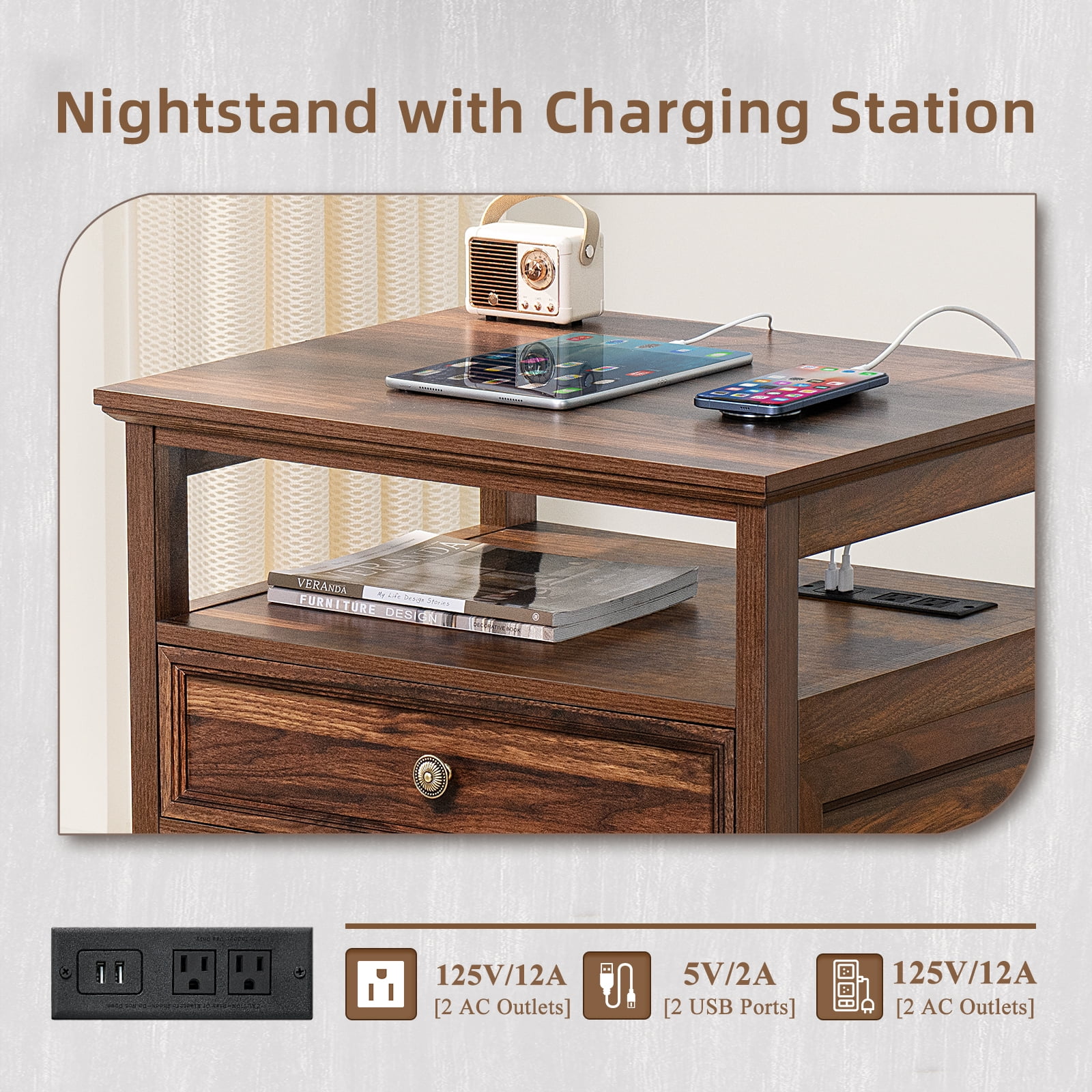End Table with 2 Drawers for Living Room, Nightstand with Charging Station, Bedside Table with Shelf for Bedroom, Brown