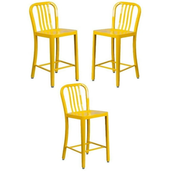 Home Square 24" Metal Vertical Slat Back Counter Stool in Yellow - Set of 3