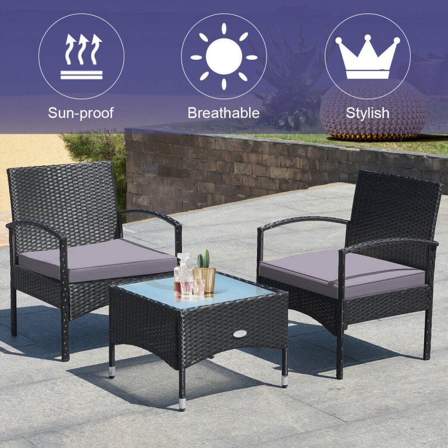 Aimee Lii 3 Pieces Patio Wicker Rattan Furniture Set with Cushion for Lawn Backyard, Rattaner Outdoor Patio Furniture, Gray Aimee Lii 3 Pieces Patio Wicker Rattan Furniture Set with Cushion for Lawn Backyard, Rattaner Outdoor Patio Furniture, Gray