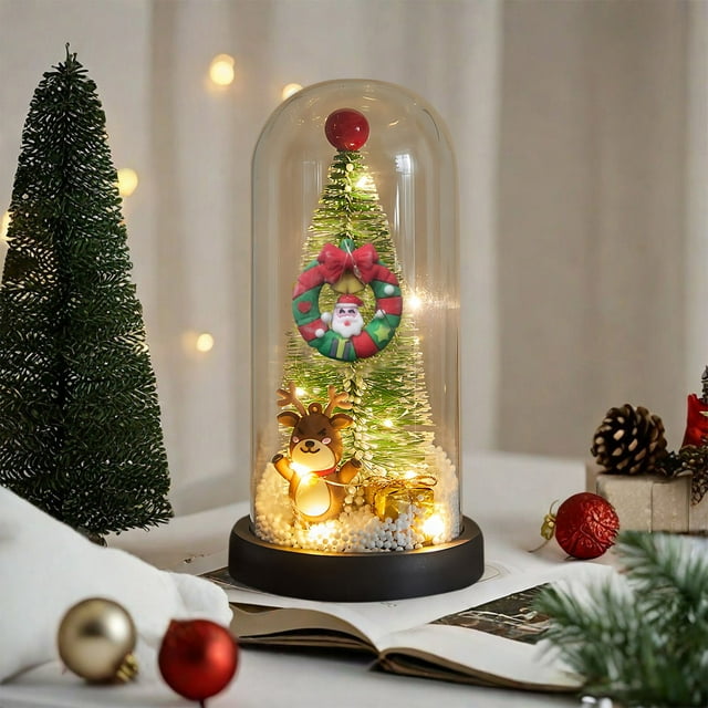 Christmas Tree Decorations,Christmas Decoration Small Imitation Glass Cover Mini with Light Emitting Snow Falling Small Christmas Tree Desktop Ornament,Christmas Tree Lights