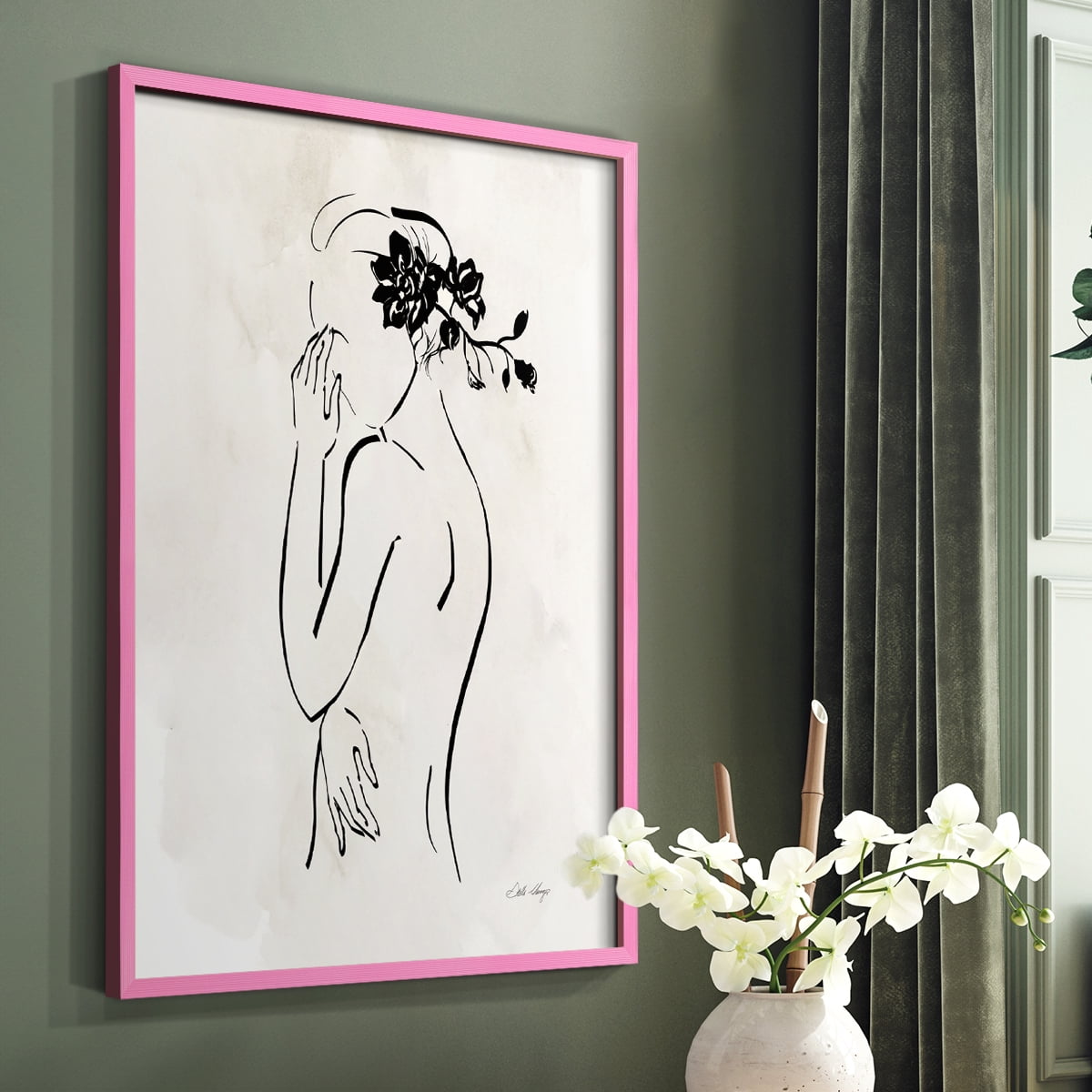 Romantic Line Art II in Pink Solid Wood 11 x 14 Framed Print