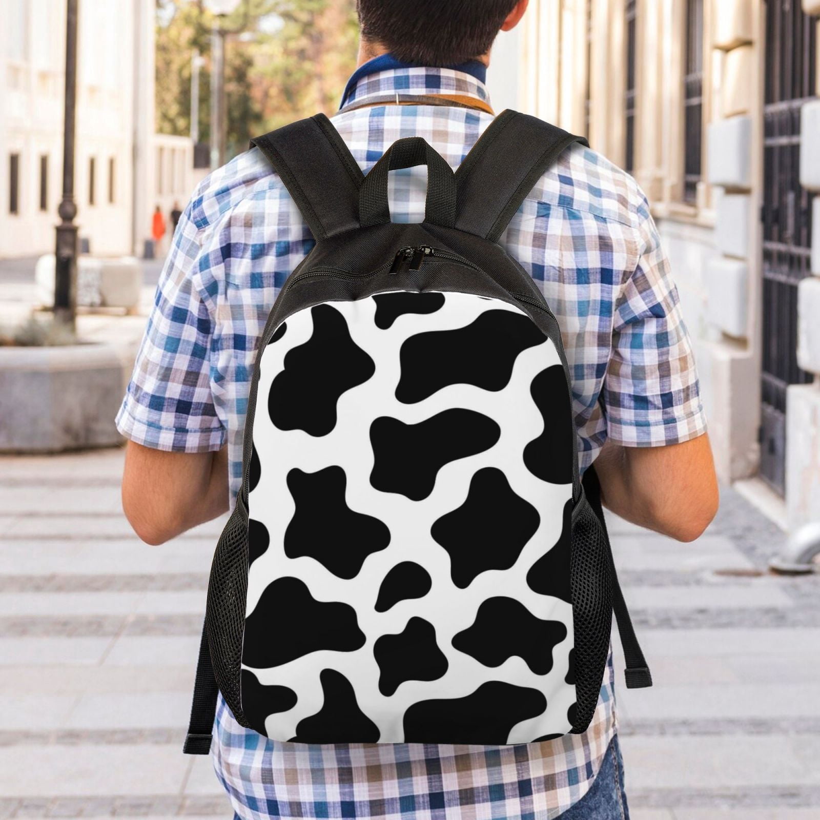 Xecao Cow Print Black White Print School Backpack with Laptop Compartment Small Travel Laptop Backpack for Women Men Waterproof College Backpack Simple School Bag