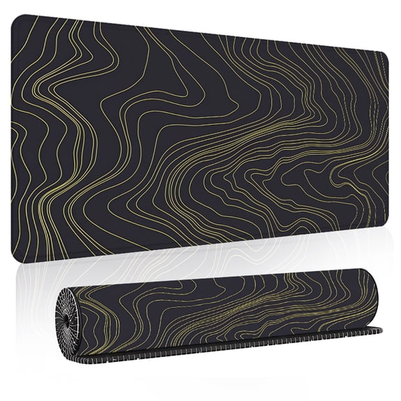 Extended Gaming Mouse Pad 31.5" x 11.8", Black with Gold Abstract Line Art, Non-Slip Large Desk Mat, Waterproof Surface for Gamers and Workstation
