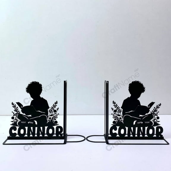 Craftnamesign Custom Boy Reading Book Bookends for Shelves, Bookworm Metal Table Decor