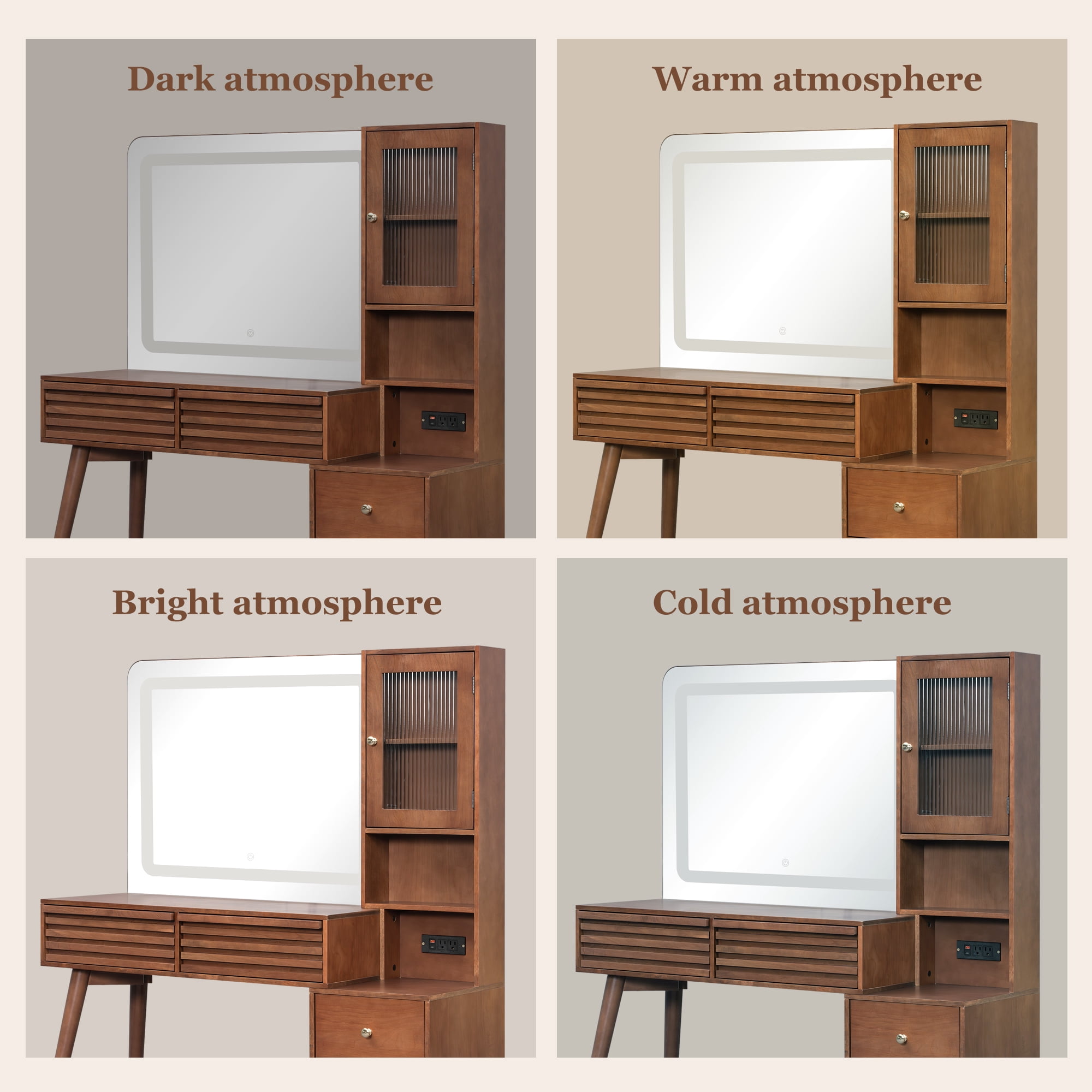 GARITIN Makeup Vanity Desk 45.9 Inch, Dressing Table with Mirror and LED Lights, 5 Drawers and Fluted Glass Storage Cabinet with Power Outlet, Espresso