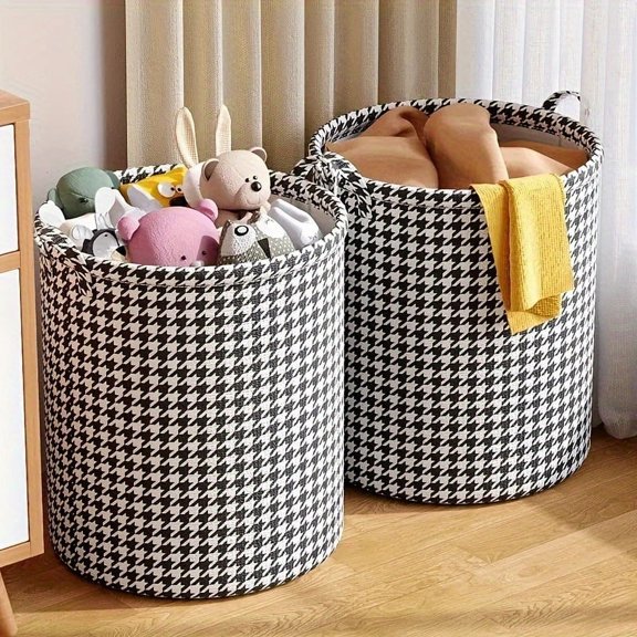 Foldable Houndstooth Laundry Hamper, Modern Fabric Storage Basket with Handle, Versatile for Bedroom, Bathroom, Living Room