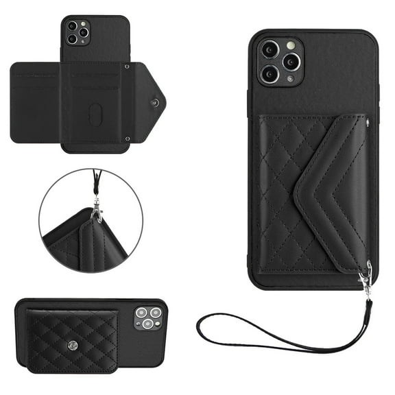 Case Compatible with iPhone 16, Wallet with Credit Card Holder Lanyard Premium PU Leather Magnetic Clasp Kickstand Heavy Duty Protective Flip Case Cover for iPhone 16, Black