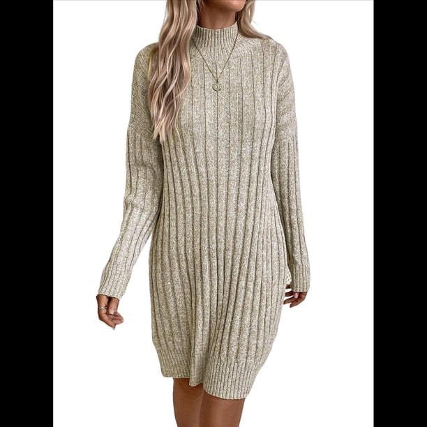 Vestido Informal de Punto con Cuello Alto y Larga para Mujer, Otoño e Invierno, Color Liso, Estilo Jersey, Falda A la Cadera Albaricoque M