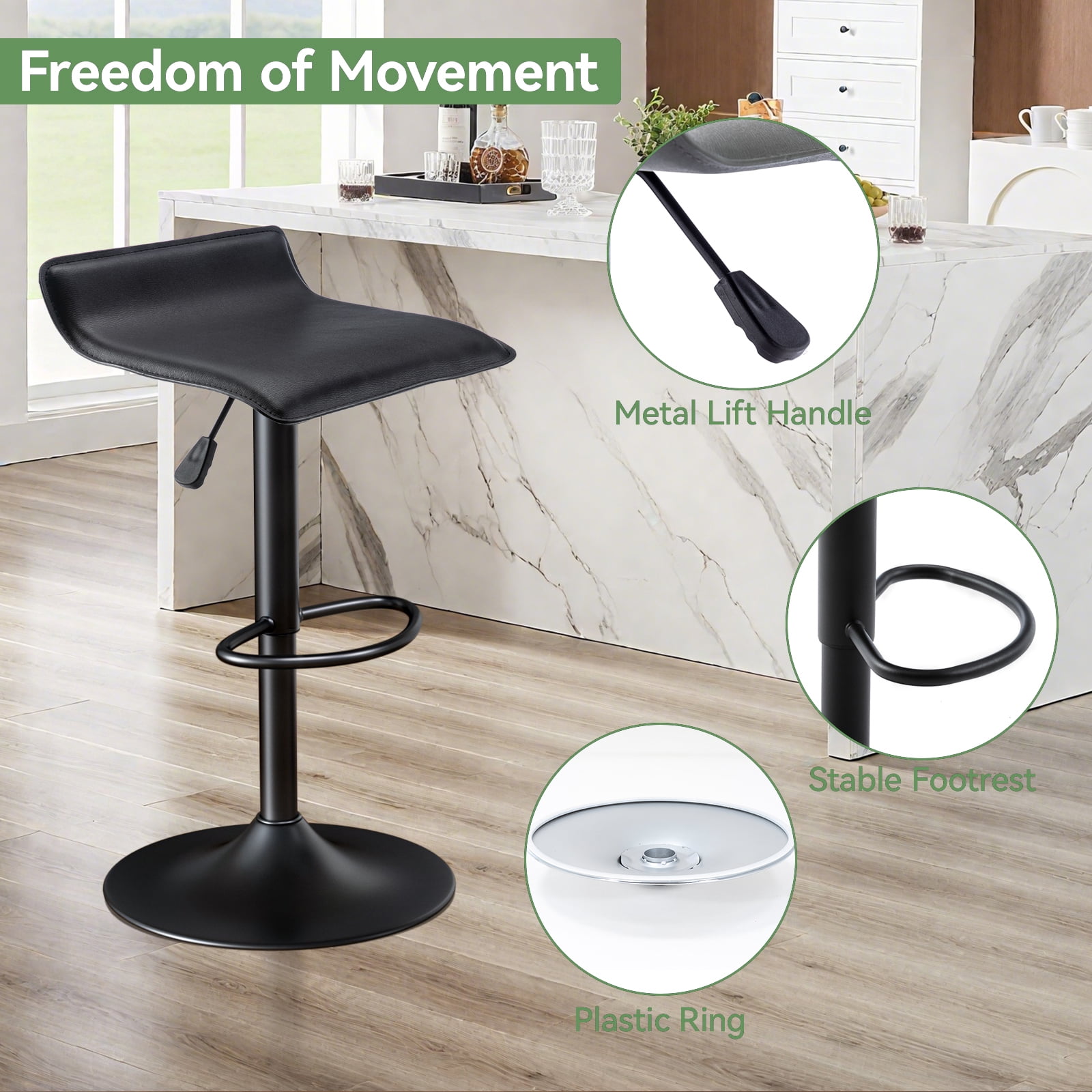 Backless Bar Stools Set of 2, 360° Swivel Adjustable Height PU Leather Bar Chairs, Modern Simple Counter Stools for Kitchen Island, Dining, Bar or Café Use (Black)