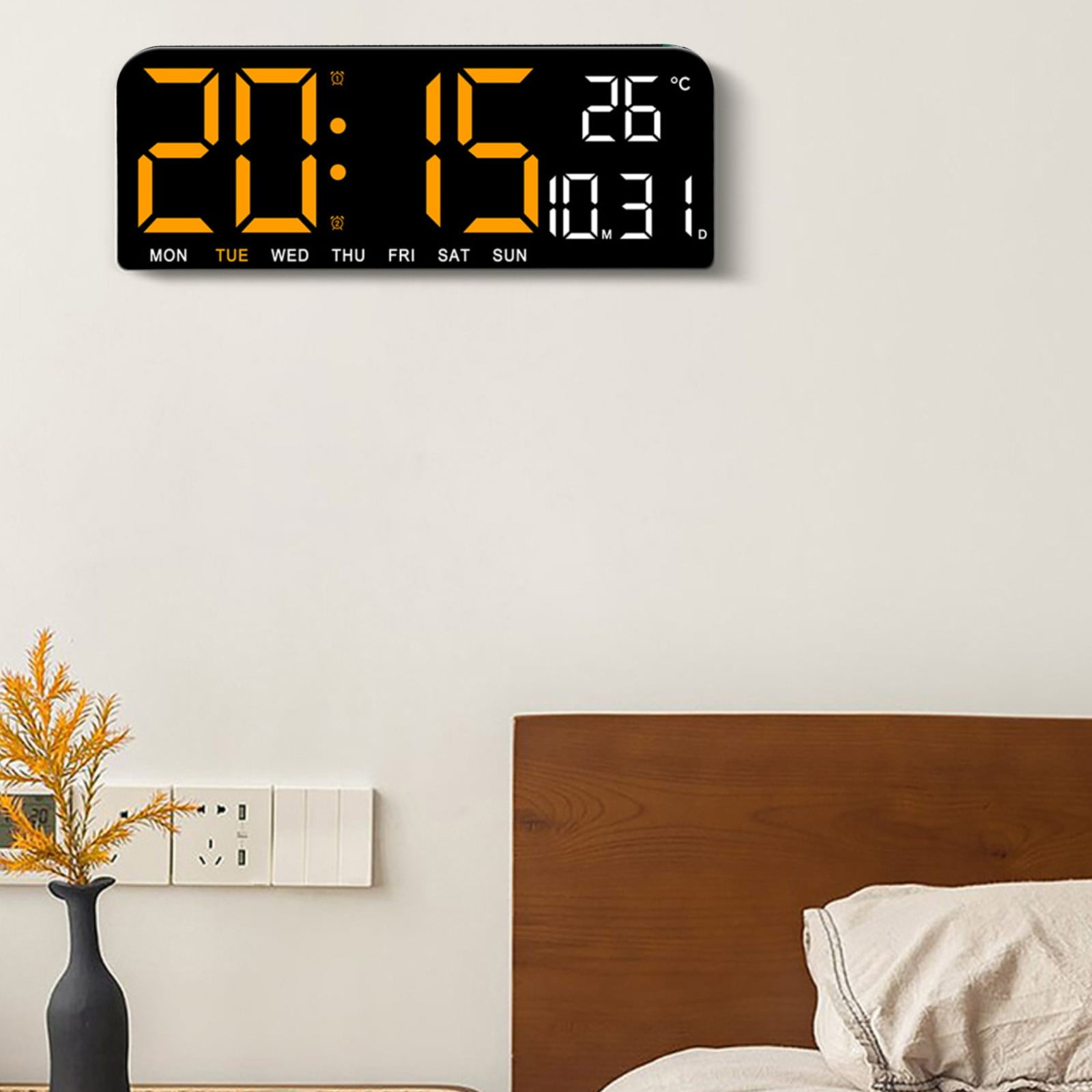 Usb Powered Large Digital Wall Clock Temperature Date Week Timing Countdown Auto-Dimmer 2 Alarm 12/24H Led Alarm Clock Decor