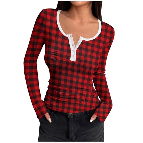 Lenpel T Shirts For Women Long Sleeve Scoop Neck Quarter Button Plaid Ribbed Knit Slim T Shirts Casual Tee Blouses(Red,X-Large)