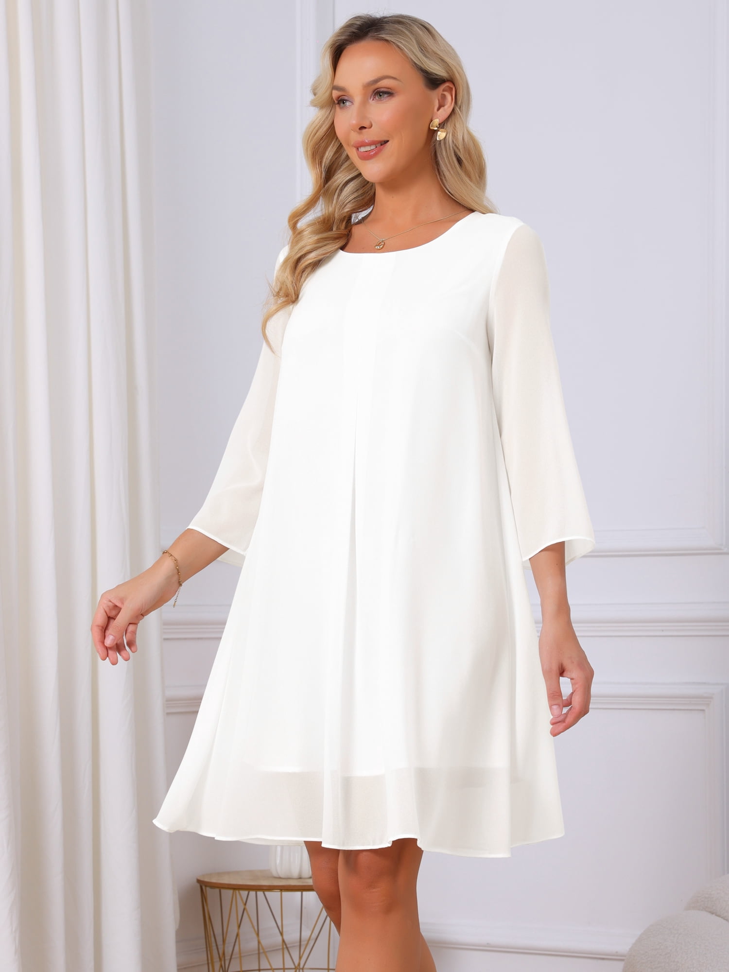 DARING DIVA Women's Chiffon 3/4 Sleeve Flowy Wedding Guest Dress L White
