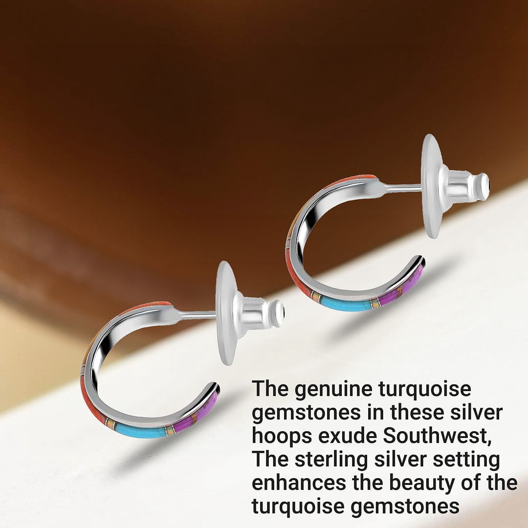 Santa Fe Style Multicolor Turquoise J-Hoop Earrings for Women 925 Sterling Silver Boho Western Jewelry  Boho Western Birthday Gifts for Women
