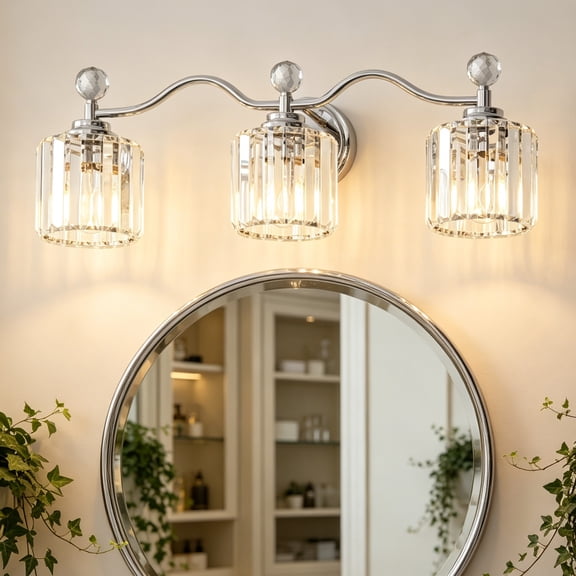 Deyidn 26" Modern 3-Light Chrome Bathroom Vanity Light - Dimmable Bathroom Transitional Fixture with Crystal Glass Shades