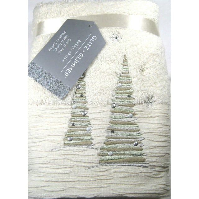 Deocorative Plush Hand Towel Set Embellished with 2 Christmas Trees Cotton Ivory