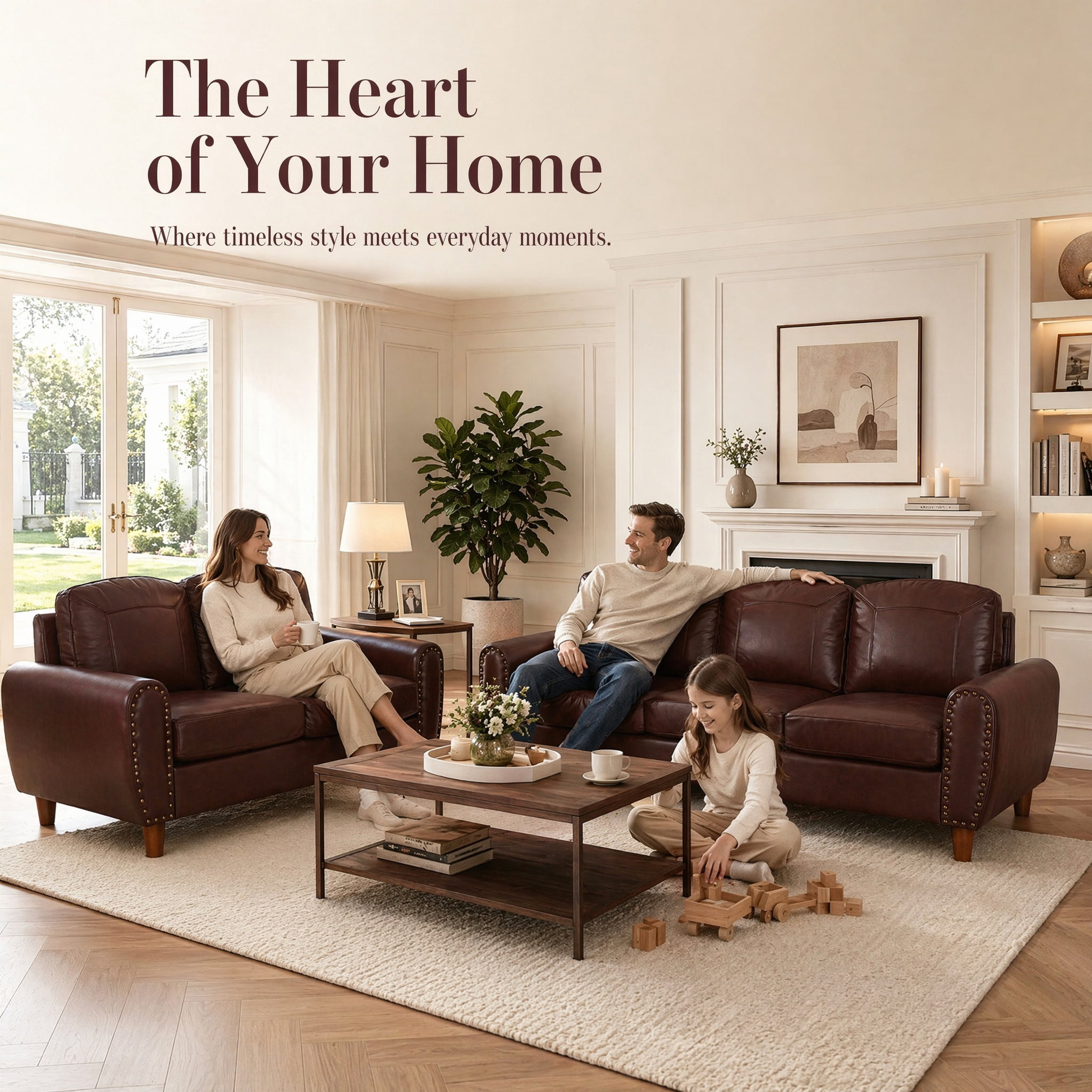 2-Piece Faux Leather Sofa Set,Classic Rolled Arm Loveseat & 3-Seater Sofa Couch with Brass Nailhead Trim & Solid Wood Legs,Apartment,Living Room,Burgundy