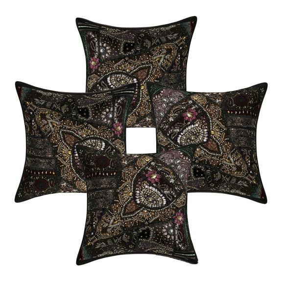 Stylo Culture Ethnic Cotton Living Room Throw Pillow Sham Covers Black 16 x 16 Bohemian Beaded Sequins Patchwork Embroidered Couch Cushion Covers 40x40 cm Home Decor Square Pillow Cases | Set Of 4