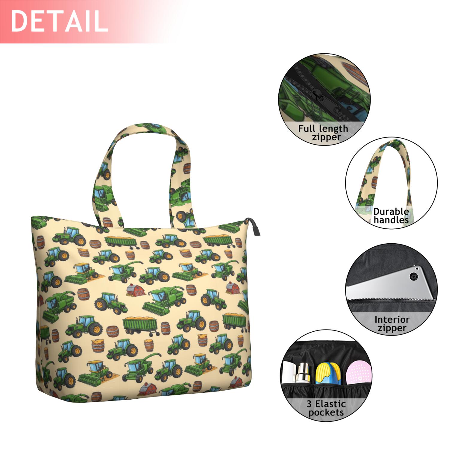 Cartoon Tractors Barns Beige Pattern Travel Tote Bags for Women Carry On,Large Weekender Bags for Women Travel,Multi Functional Duffle Bag for Work,Shopping,Sports
