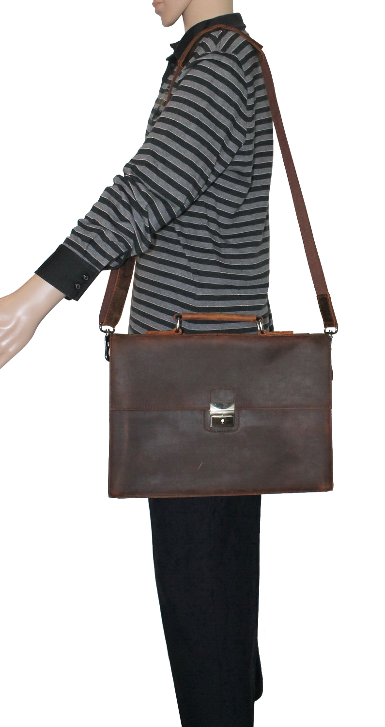 Vagarant Traveler 15" Slim Full Grain Leather Briefcase Laptop Bag w/Latch Lock LB25.BRN