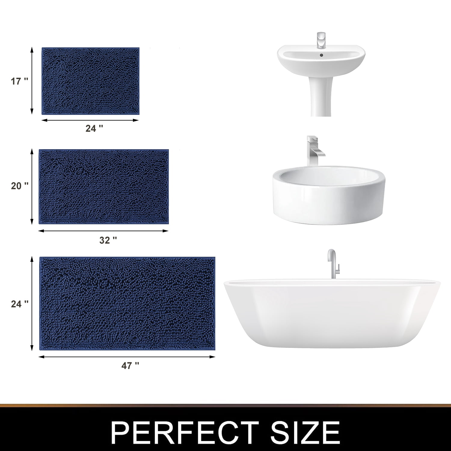 ASTARIN Extra Thick Striped Chenille Bath Rugs, Soft Chenille Bathroom Mats, Non Slip Absorbent Machine Washable Rugs for Shower Floor, Tub and Shower, Luxury Shaggy Bath Rugs (20"x32", Navy)