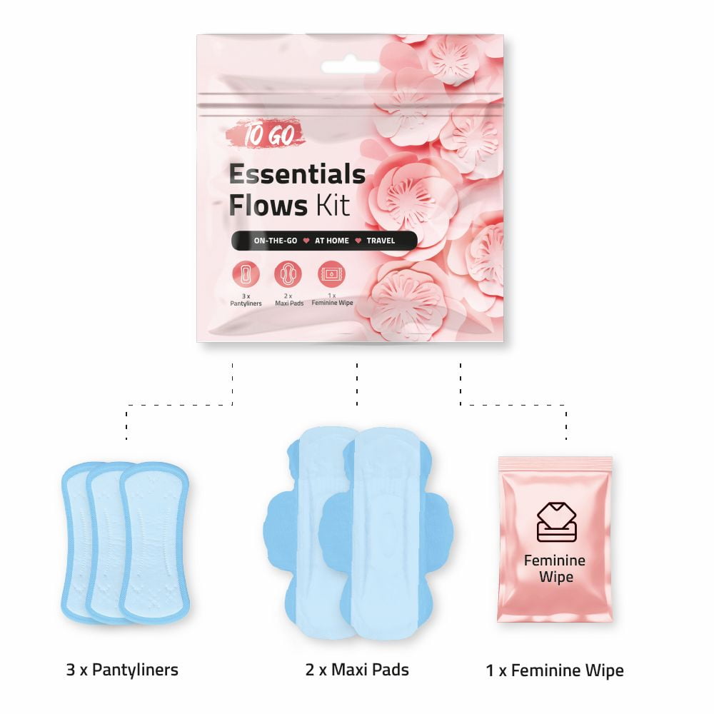 Disposable Essential Flows Period Kit for Girls and Teens - 3 Pantyliners, 2 Maxi Pads & Feminine Wipe | Confidence & Hygiene Essentials for School, First Period, Bulk for Charity (PINK STYLE) (10)