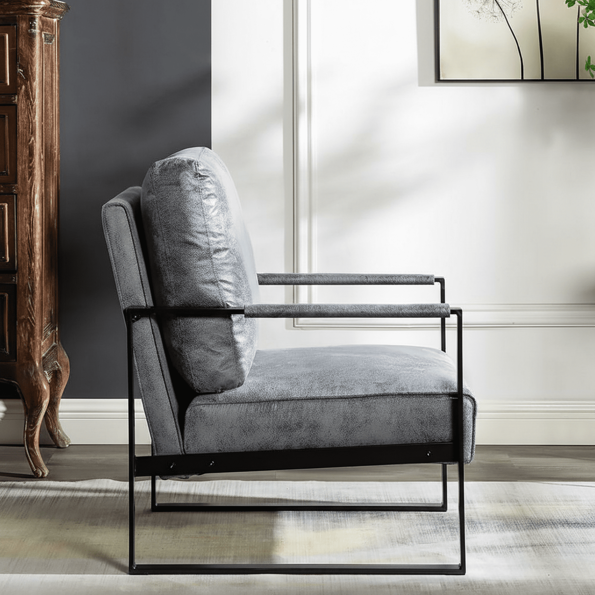 MOONMISS Mid-Century Modern Accent Chair,Black Square Metal Frame with Thick Cushion,Gray