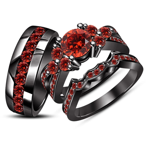 Silver & Stone Jewels 14K Black Gold Finish Silver Round Cut Lab Created Garnet Engagement Trio Ring Set For Couple