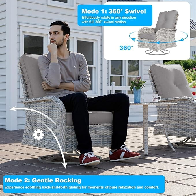 Muphyers 3-Piece Swivel Rocker Chairs Set, Rattan Patio Furniture Set with 4" Thick Cushions & Double-Layer Tempered Glass Table, Outdoor Conversation Set for Deck Porch,Gray