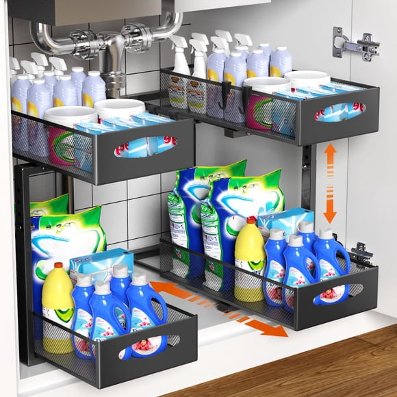 Housolution 2 Pack Under Sink Organizer, 2 Tier Metal Pull Out Under Sink Storage with Sliding Mesh Drawers, Height Adjustable Sl