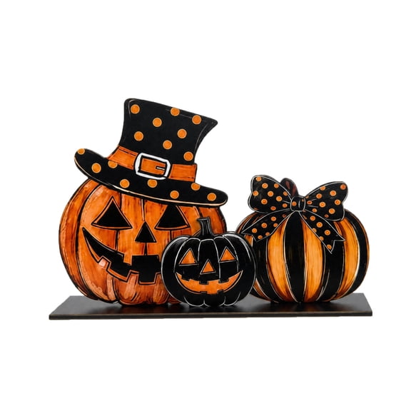 Halloween Pumpkin Decorations, Jack-o'-Lantern Wooden Tabletop Stand Figure with Witch Hat and Polka Dot Bow forShelf, Dining Table and Indoor Holiday Decor