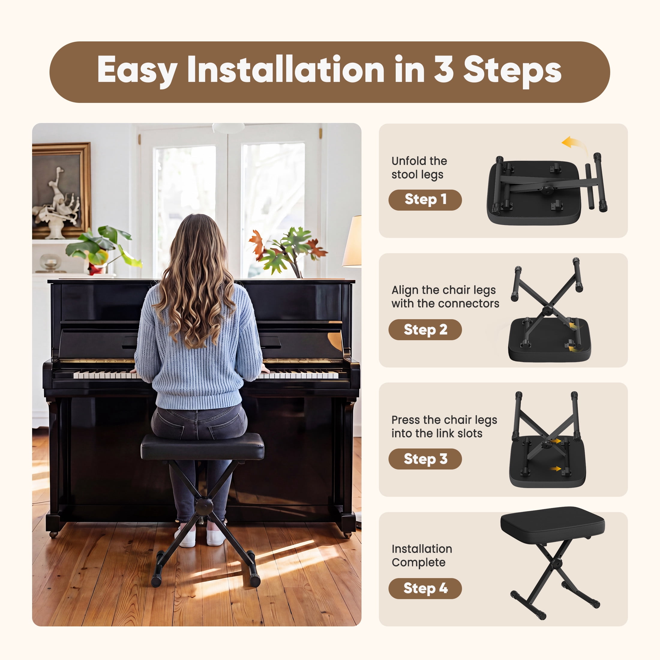 EDX Adjustable Height Piano Bench/Music Performance Stool - 3-Level Height Adjustment, Non-Skid Design,High-Density Sponge Padded, Portable & Foldable X-Style Seat, 250LBS Weight Capacity,Black
