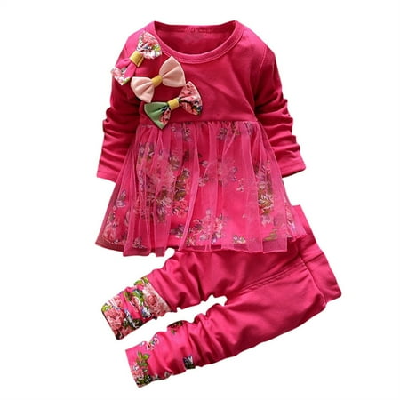 

OAUP Toddler Girls Outfit Sets Kids Baby Floral Print Mesh Clothes T Shirt Tops Dress Pants 2PCS Outfits Set Fall Casual Trendy Outfit 6M-4Y