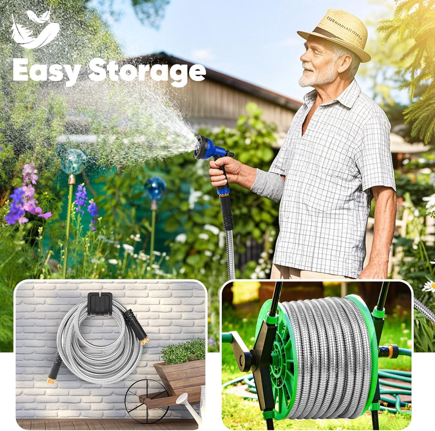 Stainless Steel Garden Hose with 10 Function Nozzle, Lightweight, Leak-Proof, Puncture Resistant for Yard, Outdoor, RV