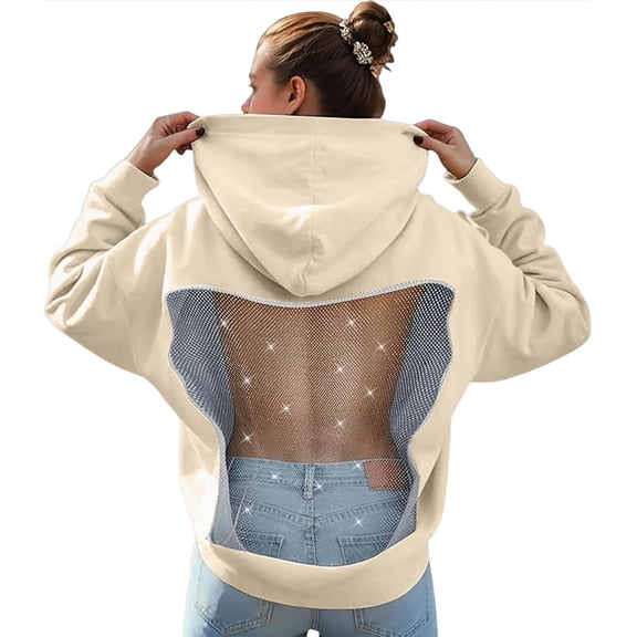 Fall Hoodie for Women Mesh Backless Patchwork Long Sleeve with Pocket Loose Fit Hooded Sweatshirts