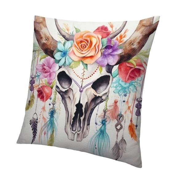 BANET Throw Pillow Cushion Cover, Style Bull Skull Ornaments Vibrant Image, Decorative Square Accent Pillow Case 12x12in