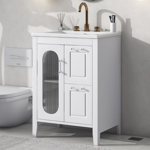 24 inch Bathroom Vanity with Sink, Modern Bathroom Cabinet with 2 Drawers and Adjustable Shelf, Solid Wood and MDF Storage for Small Bathroom, White