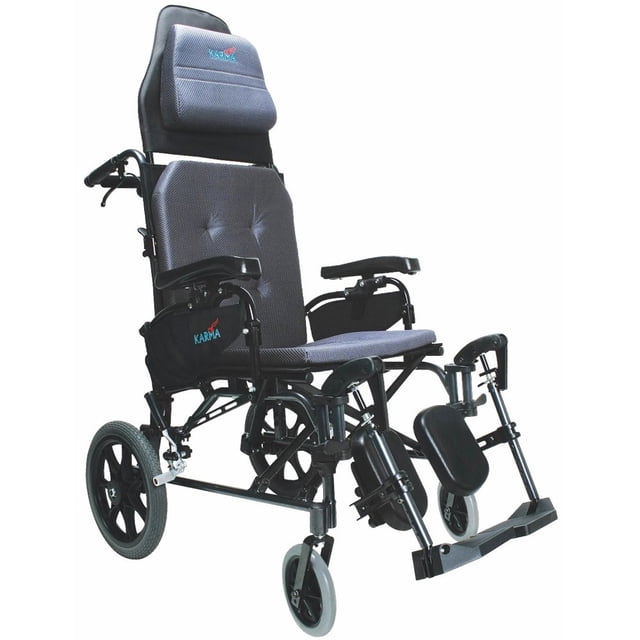 Silla de ruedas ergonómica reclinable Karman Healthcare MVP502TP-18 con asiento en V, color negro diamante, ruedas traseras de 35,5 cm y asiento de 45,7 cm de ancho.