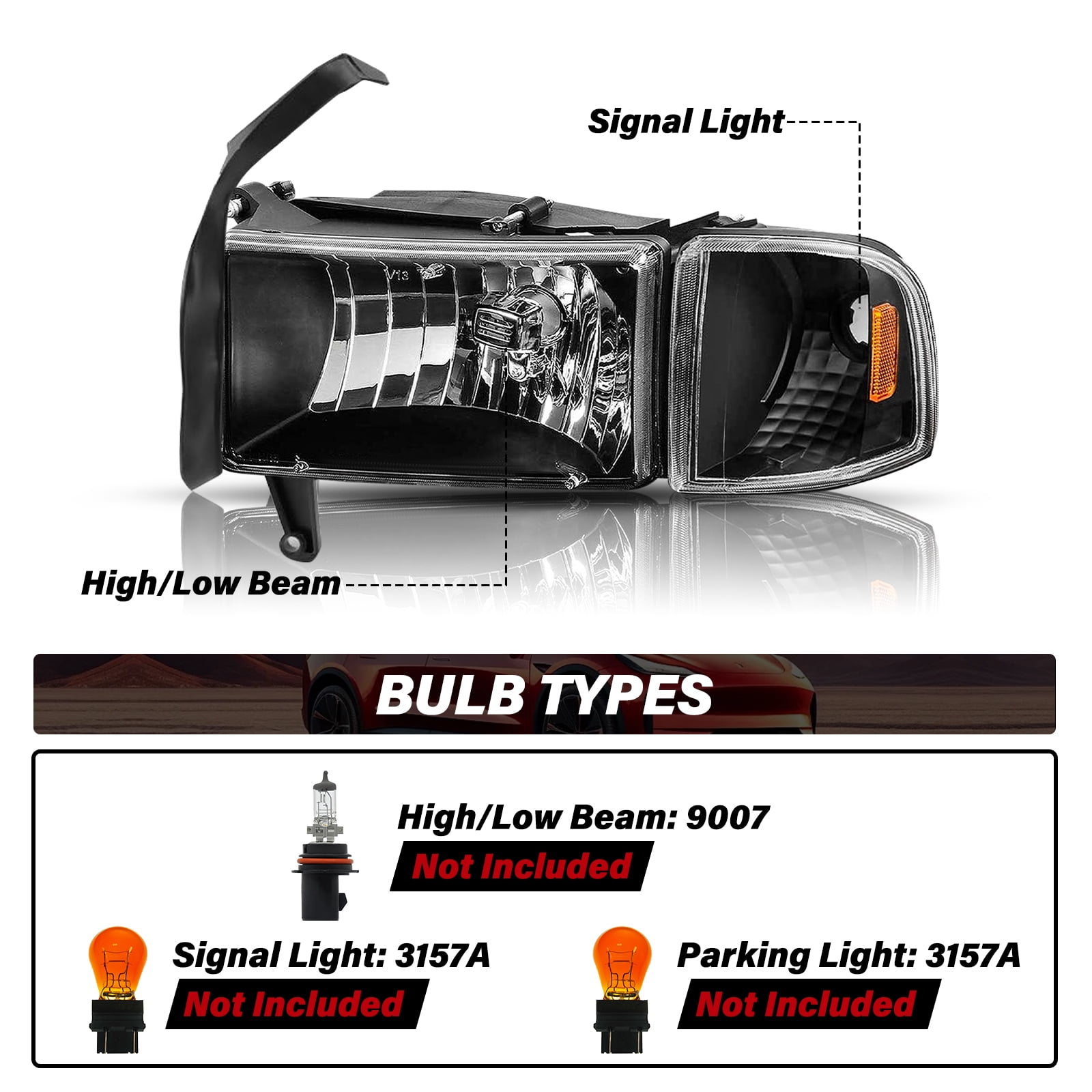 For 1994-2002 Dodge Ram 1500 2500 3500 Black Housing Headlights 94-02 Pair Headlamp