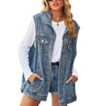 thumbnail image 3 of Seyurigaoka Women's Summer Denim Waistcoat Solid Sleeveless Turn Down Collar Button Closure Jean Cardigan Mid-Length Shacket Vest, 3 of 8
