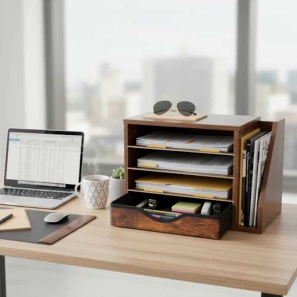 Wooden Desk Organizer with Drawers Wood Desk Organizers and Accessories 4 Tier Desk Organizer with Adjustable Shelves Paper File Mail Organizer for Home Office Brown