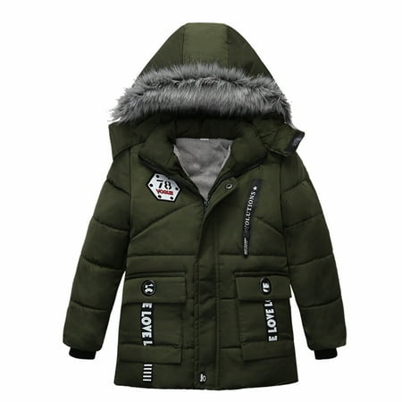 SnnmBlm Toddler Boys Girls Down Jacket Fur Hood Thick Warm Winter Coat Parka Kids Fleece Lined Quilted Padded Jacket Coat Green 120
