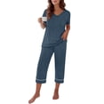 thumbnail image 2 of Womens 2 Piece Capri Sets,V Neck Short Sleeve Casual Matching Sets,Summer Loungewear Set with Elastic Waist Pants,Soft Lightweight Comfy Outfit for Daily Wear Navy L, 2 of 6