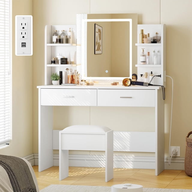 Vanity escritorio con lighted mirror makeup vanity set con power outlet cushioned stool 6 almacenamiento estantes 2 grande cajones y 3-color light con adjustable brightness blanca