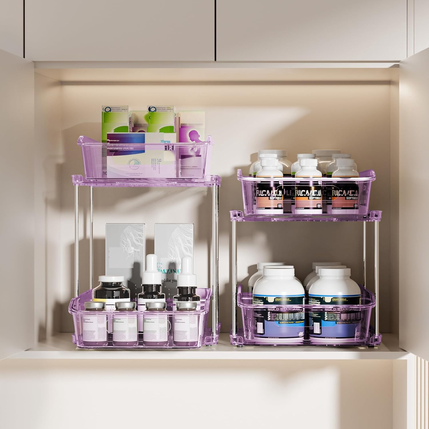 2-Tier Under Sink Organizers and Storage, Multi-Purpose Stackable Bathroom Cabinet organizers, Pull Out Kitchen Pantry Organization and Storage with Dividers(2 Pack, Purple)